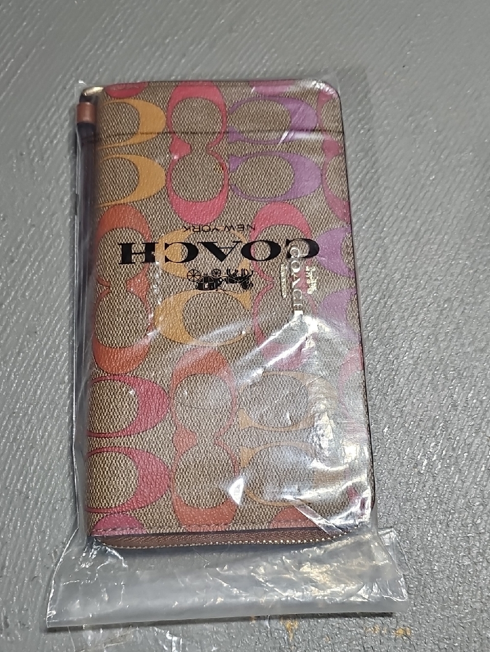 Coach C1872 Large Zip Around Signature  Leather Rainbow Phone Wallet Authentic